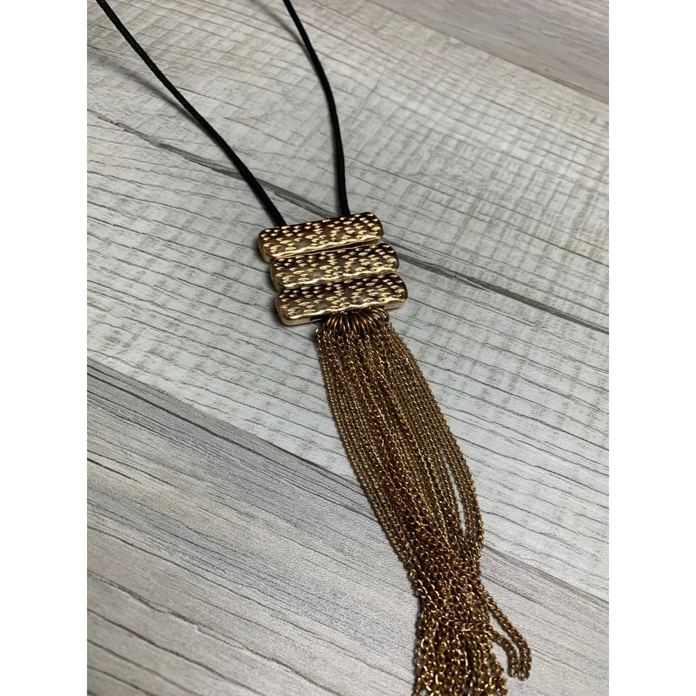 Gold Tone Textured Bar Multi Chain Tassel Black Cord Long Necklace 36 Inch